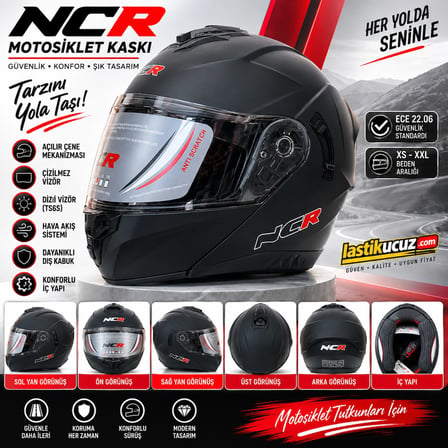 NCR-166E ÇENE AÇILIR GÖZLÜKLÜ ECE 22-06 BELGELİ KASK MAT SİYAH