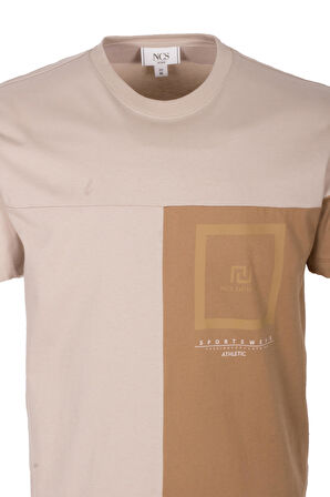 Erkek Tişört Bisiklet Yaka Bej Slim Fit %100 Pamuk T-shirt NCS JEANS 1301