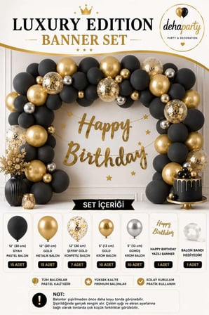 Dehaparty Happy Birthday Banner Set Siyah Altın Gümüş Pastel Konfetili Balon Parti Süsleme