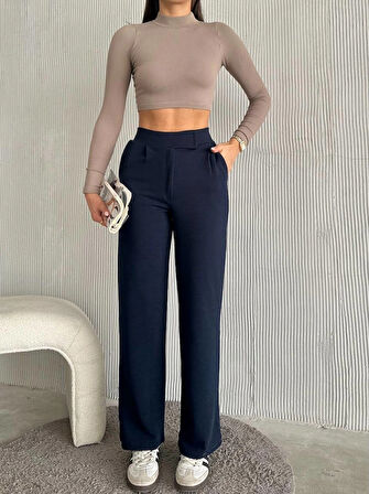 Lacıvert Cırtlı Kadın Palazzo Pantalon