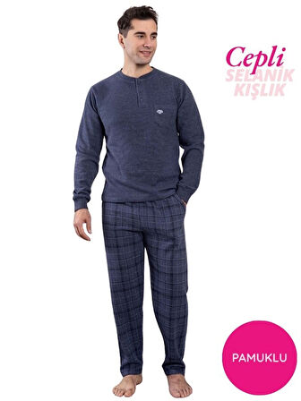 Erkek 3 Düğme Ekose Göğüs Cepli Kışlık Pamuklu Selanik Kumaş Uzun Manşetli Kol Cepli Pijama Takımı 