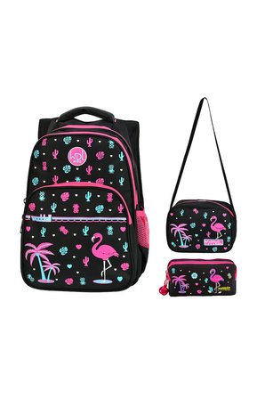 Okul Cantasi Flamingo Desenli Ilkogretim Cantasi Beslenbe Cantasi Kalemlik 3 Lu Set Siyah Pembe Just Polo