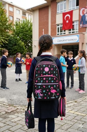Okul Cantasi Flamingo Desenli Ilkogretim Cantasi Beslenbe Cantasi Kalemlik 3 Lu Set Siyah Pembe Just Polo