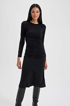 DeFacto Bodycon Yuvarlak Yaka Midi Uzun Kollu Elbise B1819AX23AUBK81