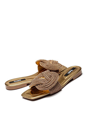 Kadın Taş Örgü Detaylı Ev Terliği GOLD 13040