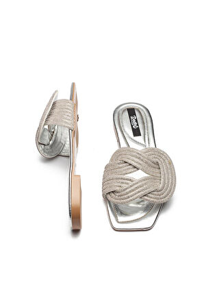 Kadın Taş Örgü Detaylı Ev Terliği Gümüş 13040