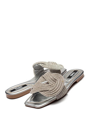 Kadın Taş Örgü Detaylı Ev Terliği Gümüş 13040