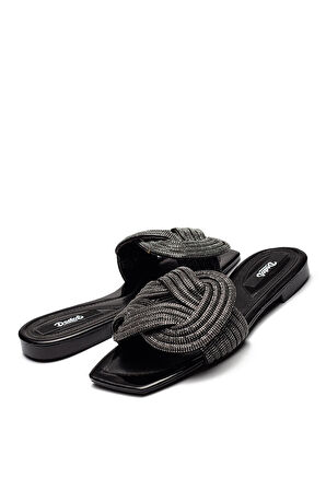 Kadın Taş Örgü Detaylı Ev Terliği Siyah 13040