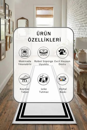 Çerçeve İnce Çizgi Dijital Baskılı Kaymaz Yıkanabilir Yolluk - Leke Tutmaz Siyah