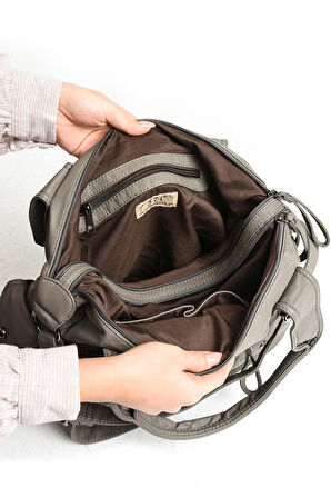 Suni Deri Çapraz Askılı Çok Bölmeli Omuz Çantası Gri (Model: 571-11-10F)