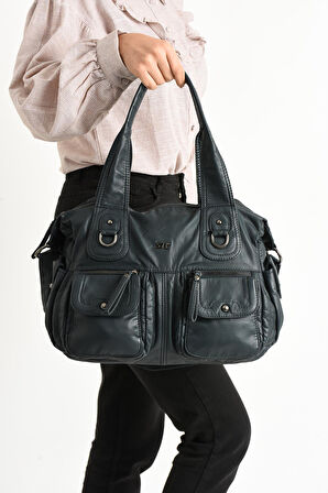 Suni Deri Çapraz Askılı Çok Bölmeli Omuz Çantası Mavi (Model: 571-11-10F)