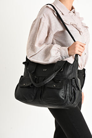 Suni Deri Çapraz Askılı Çok Bölmeli Omuz Çantası Siyah (Model: 571-11-10F)