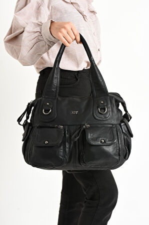 Suni Deri Çapraz Askılı Çok Bölmeli Omuz Çantası Siyah (Model: 571-11-10F)