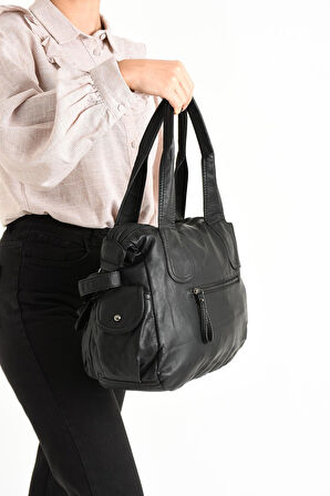 Suni Deri Çapraz Askılı Çok Bölmeli Omuz Çantası Siyah (Model: 571-11-10F)