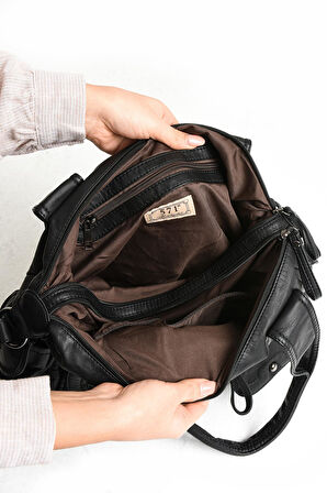 Suni Deri Çapraz Askılı Çok Bölmeli Omuz Çantası Siyah (Model: 571-11-10F)