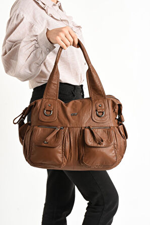 Suni Deri Çapraz Askılı Çok Bölmeli Omuz Çantası Taba (Model: 571-11-10F)