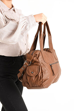 Suni Deri Çapraz Askılı Çok Bölmeli Omuz Çantası Taba (Model: 571-11-10F)