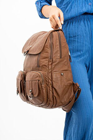 Yıkanmış Deri Sırt Çantası Taba (Model: 571-11-11E)