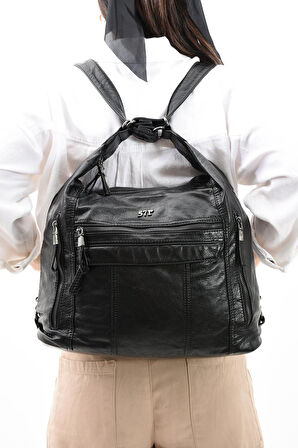 Suni Deri Yumuşak Dokumalı Sırt Omuz Çantası Siyah (Model: 571-11-13B) 