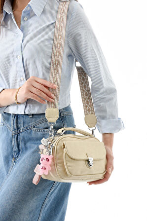 İki Fonksiyonlu Metal Basmalı Suni Deri Omuz, El Çantası Bej (Model: 571-13-17H) 