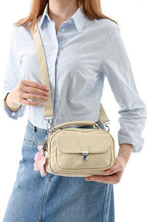 İki Fonksiyonlu Metal Basmalı Suni Deri Omuz, El Çantası Bej (Model: 571-13-17H) 