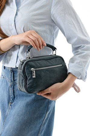 İki Fonksiyonlu Metal Basmalı Suni Deri Omuz Çantası Mavi (Model: 571-13-17H) 