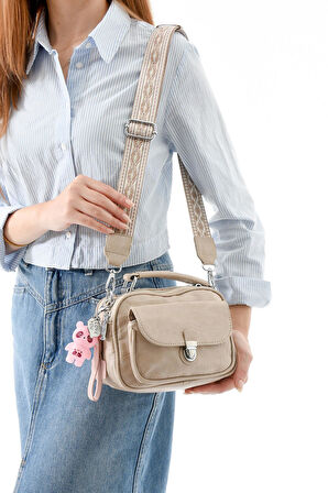 İki Fonksiyonlu Metal Basmalı Suni Deri Omuz, El Çantası Vizon (Model: 571-13-17H) 