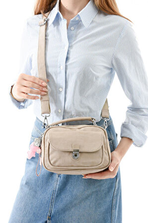 İki Fonksiyonlu Metal Basmalı Suni Deri Omuz, El Çantası Vizon (Model: 571-13-17H) 