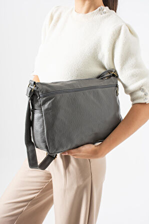 Yıkama Deri Çapraz Askılı Omuz Çantası Poliüretan Deri Gri Model:(571-14-16A)