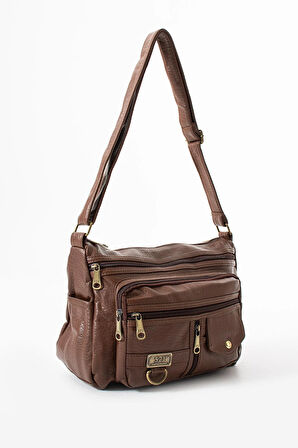 Yıkama Deri Çapraz Askılı Omuz Çantası Poliüretan Deri Taba Model:(571-14-16A)