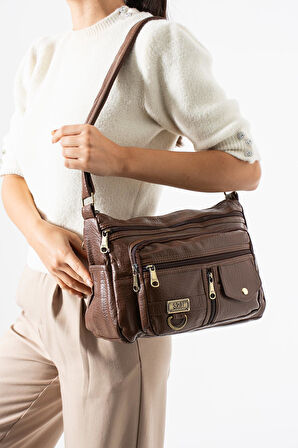 Yıkama Deri Çapraz Askılı Omuz Çantası Poliüretan Deri Vizon Model:(571-14-16A)