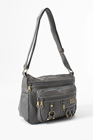 Yıkama Deri Çapraz Askılı Omuz Çantası Poliüretan Deri Gri Model:(571-14-16B)