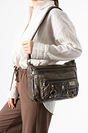 Yıkama Deri Çapraz Askılı Omuz Çantası Poliüretan Deri Vizon Model:(571-14-16B)