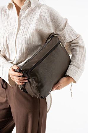 Yıkama Deri Çapraz Askılı Omuz Çantası Poliüretan Deri Vizon Model:(571-14-16B)