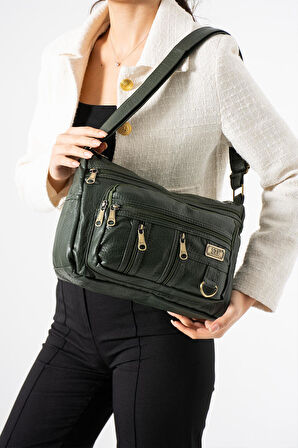 Yıkama Deri Çapraz Askılı Omuz Çantası Poliüretan Deri Haki Model:(571-14-16D)