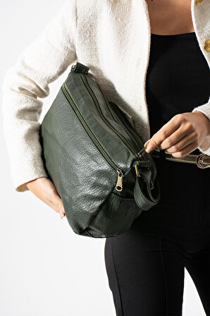 Yıkama Deri Çapraz Askılı Omuz Çantası Poliüretan Deri Haki Model:(571-14-16D)