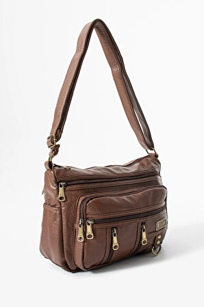 Yıkama Deri Çapraz Askılı Omuz Çantası Poliüretan Deri Taba Model:(571-14-16D)