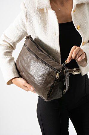 Yıkama Deri Çapraz Askılı Omuz Çantası Poliüretan Deri Vizon Model:(571-14-16D)