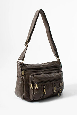 Yıkama Deri Çapraz Askılı Omuz Çantası Poliüretan Deri Vizon Model:(571-14-16D)