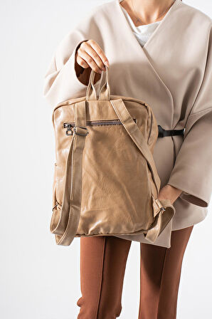 Suni Deri Yıkama Sırt Çantası (Poliüretan) Bej Model:(571-14-16G)