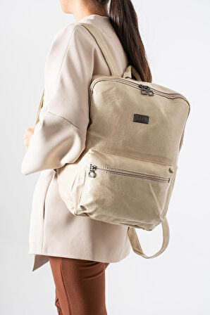 Suni Deri Yıkama Sırt Çantası (Poliüretan) Krem Model:(571-14-16G)