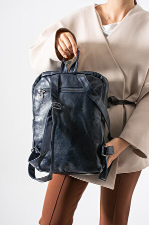 Suni Deri Yıkama Sırt Çantası (Poliüretan) Lacivert Model:(571-14-16G)