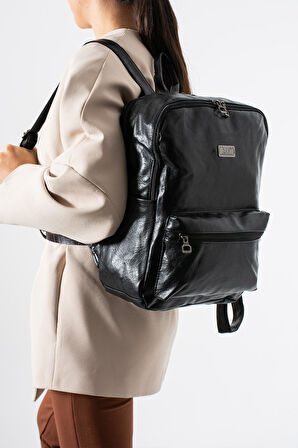 Suni Deri Yıkama Sırt Çantası (Poliüretan) Siyah Model:(571-14-16G)