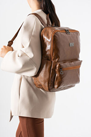 Suni Deri Yıkama Sırt Çantası (Poliüretan) Taba Model:(571-14-16G)