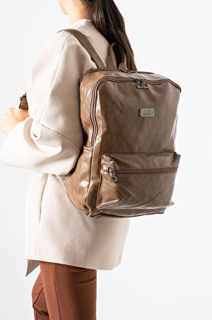 Suni Deri Yıkama Sırt Çantası (Poliüretan) Vizon Model:(571-14-16G)