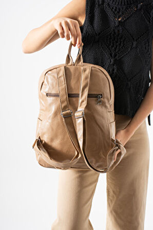 Suni Deri Yıkama Sırt Çantası (Poliüretan) Bej Model:(571-14-16H)