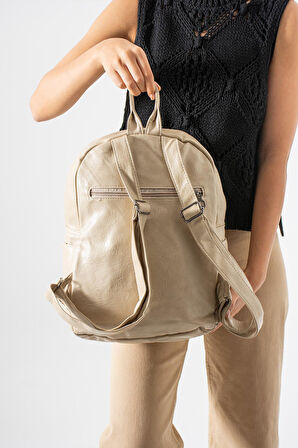 Suni Deri Yıkama Sırt Çantası (Poliüretan) Krem Model:(571-14-16H)