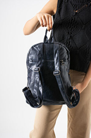 Suni Deri Yıkama Sırt Çantası (Poliüretan) Lacivert Model:(571-14-16H)