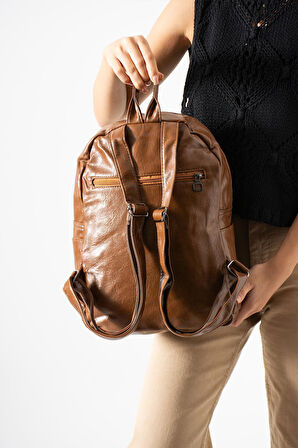 Suni Deri Yıkama Sırt Çantası (Poliüretan) Taba Model:(571-14-16H)