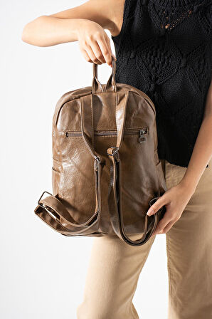 Suni Deri Yıkama Sırt Çantası (Poliüretan) Vizon Model:(571-14-16H)